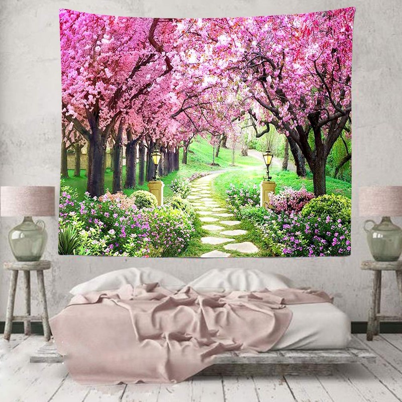 CHENGOR Tree Flower Tapestry Forest Path Red Cherry Blossom Wall