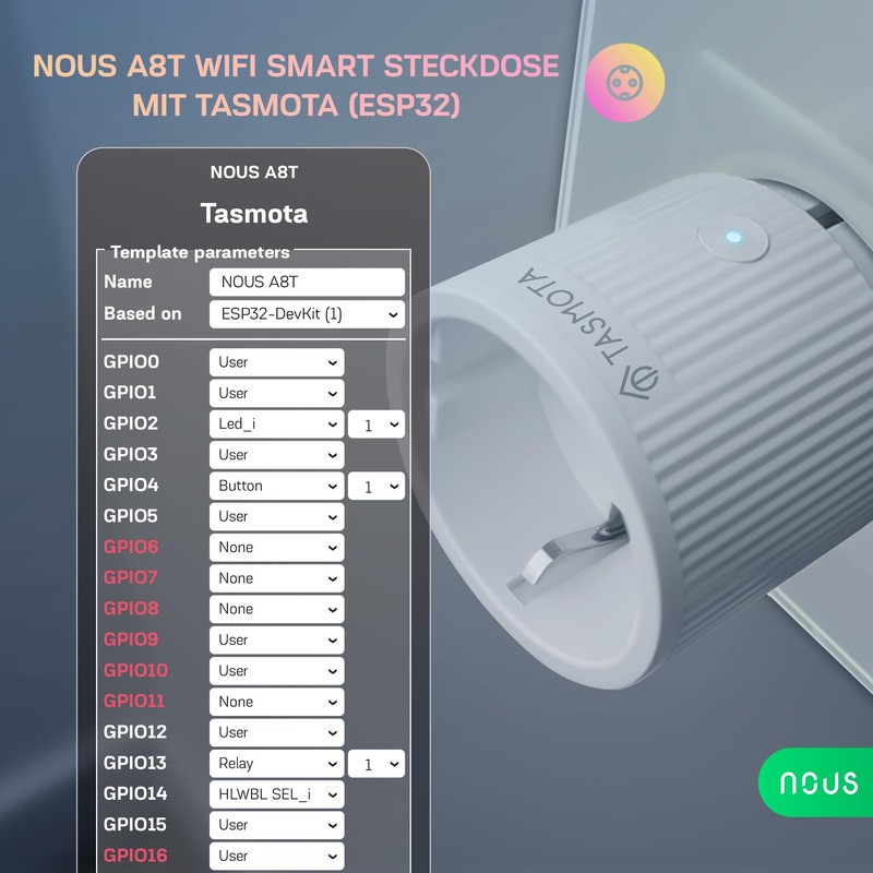 Tasmota Socket NOUS A8T, Smallest WiFi ESP32 Smart Plug, 10A