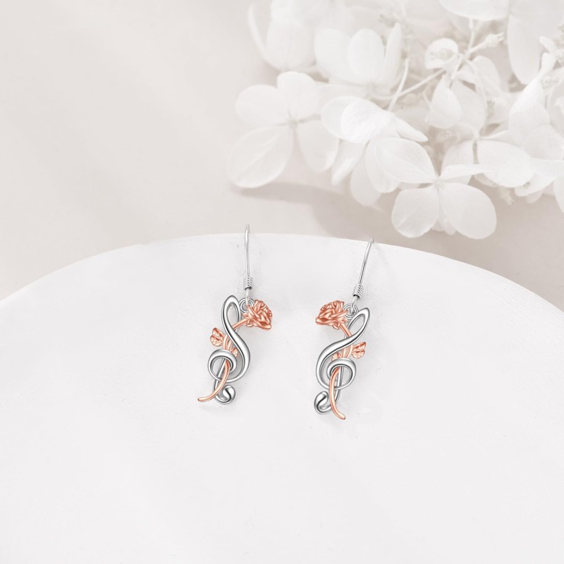 Music Note Earrings 925 Sterling Silver Rose Flower Treble Clef