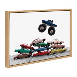 Kate and Laurel Sylvie Vintage Stacked Matchbox Cars and Monster Truck Framed Canvas Wall Art by Saint and Sailor Studios, 18x24 Natural, Modern Colorful Car Toys Art for Wall