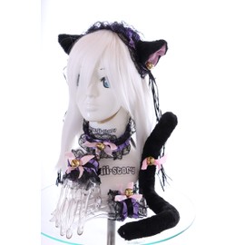 C-12-8 Black Purple Gothic Lolita Maid Cat Ears Headband Collar Bracelet Tail Set Cosplay