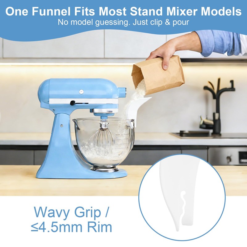 Flour Funnel for KitchenAid Stand Mixers, Clip-On Food-Grade Silicone Pouring