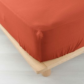 douceur d'Intérieur Angelia Fitted Sheet (160 x 200 cm), Terracotta, Cotton Gauze