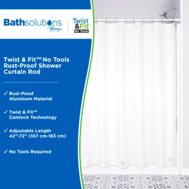 Kenney KN613C/66A Twist & Fit No Tools Camlock Tension Easy Install Shower Curtain Rod with Non-Slip, Non-Scratch Ends, 42-72" Adjustable Length, Pearl White, 1" Diameter Rust Proof Aluminum Tube