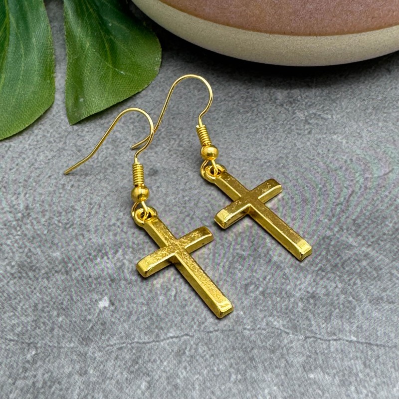 Cross Charm Earrings, Golden Charm Beads on Nickel Free Gold