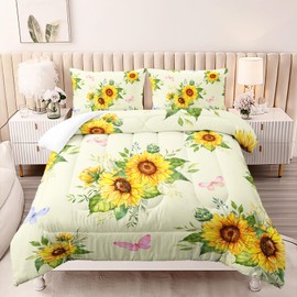 Nttopship 3 Piece Sunflower Comforter Sets Twin Size,Vintage Floral Bedding Set for Girls Boys Adults,3 Piece Bed in A Bag,Ultra Soft Microfiber All Season Yellow Flower Bedding Set
