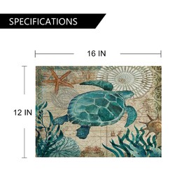 Sea Turtle Table Mats Set of 4 Beach Ocean Animals Theme Place Mats Waterproof Heat Resistant Washable Non-Slip Place Mats for Dinner Room Kitchen Decor Table 12”×16”