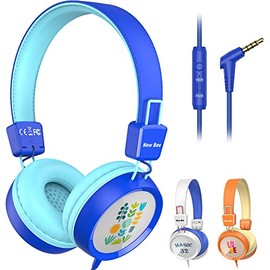 Kids Headphones for School with Microphone New bee KH20 HD Stereo Safe Volume Limited 85dB/94dB Foldable Lightweight On-Ear Headphone for PC/Mac/Android/Kindle/Tablet/Pad (Deep Blue)