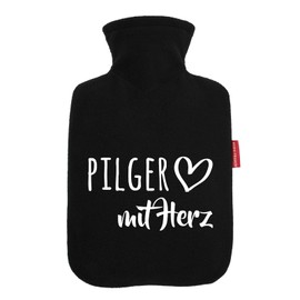 Huuraa Wärmflasche Pilger mit Herz Geschenk 1,8 Liter Black Classic Veloursbezug Pilger Präsent