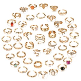 Subiceto 48Pcs Open Toe Rings Set for Women Men Adjustable Vintage Retro Knuckle Ring Bohemian Toe Finger Tail Ring Summer Beach Foot Jewelry Gold