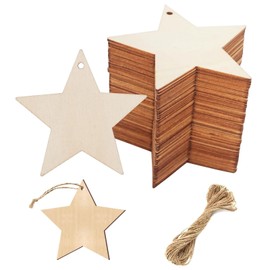 Christmas Wooden Stars for Crafts, Wooden Decorative Hanging Stars, Pack of 50 Wooden Stars for Hanging Christmas Tree Decorations, Wood, Wooden Stars for Crafts, with 5 m Jute Rope