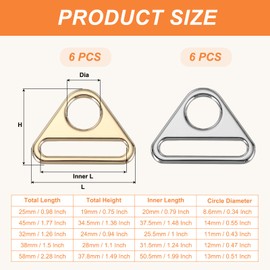 PATIKIL 1 Inch Triangle Buckle Adjuster, 12 Pcs Triangle D Ring Metal Buckles with Bar Swivel Clip for Bag Strap Webbing Dog Tag Clip, Silver/Light Gold