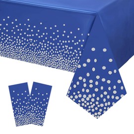2P 137*274cm Dark Blue and Silver Disposable TableCloths Party,Dot Confetti Rectangular Eid Mubarak Table Cloth Plastic Tablecover for Picnic,Birthday,Wedding,Eid Mubarak Islam Muslim Party Decoration