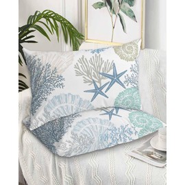 DecorLovee Coastal Pillow Cases Standard Size Set of 2 - Microfiber Bed Throw Pillow Covers, Blue Teal Coral Summer Beach Starfish Decorative Lumbar Pillow Cover with Envelope Closure for Sofa/Travel