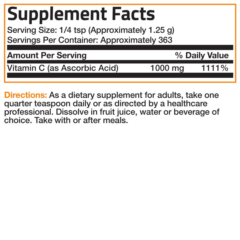 Bronson Vitamin C Powder Pure Ascorbic Acid Soluble Fine Non