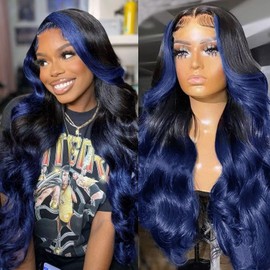 Goldfinch Ombre Blue Lace Front Wigs Human Hair Body Wave 1B/Blue Highlight Skunk Stripe Wig Glueless 13x4 HD Lace Frontal Wig Pre Plucked With Baby Hair 150% Density 22 Inch