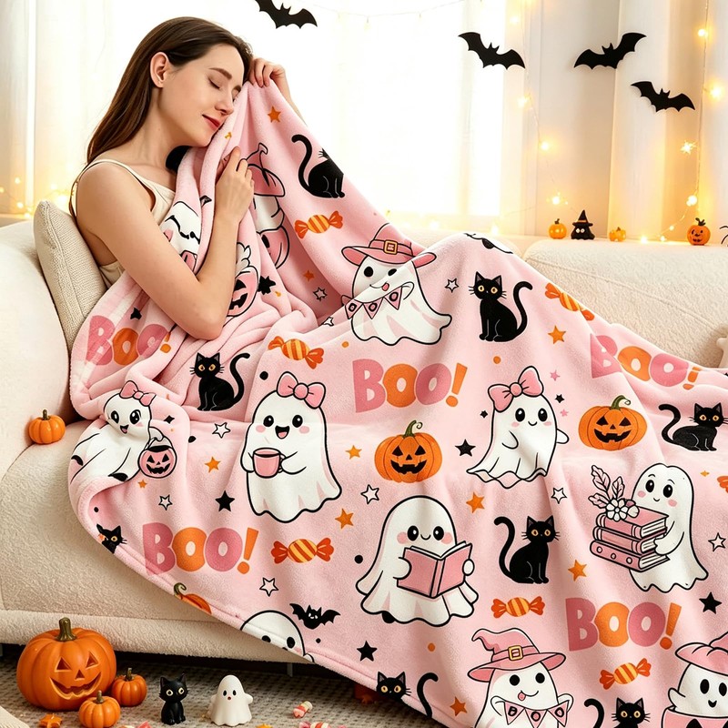 Halloween Pink Ghost Blanket Throw, Pumpkin Black Cat Throw Decor