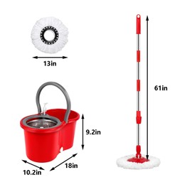 Spin Mop and Bucket Set with Wringer,360° Spinning Mop,for Floor Cleaning,with Adjustable Handle and3 Microfiber Mop Replacement Heads (Red)