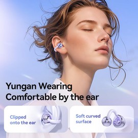 ABCDONG Open Ear Earbuds Bone Conduction Headphones Wireless Clip On Earbuds with Digital Display Charging Case 42 Hours Playtime Bluetooth 5.4 Sport Earphones Built-in Mic for Running Fitness Purple