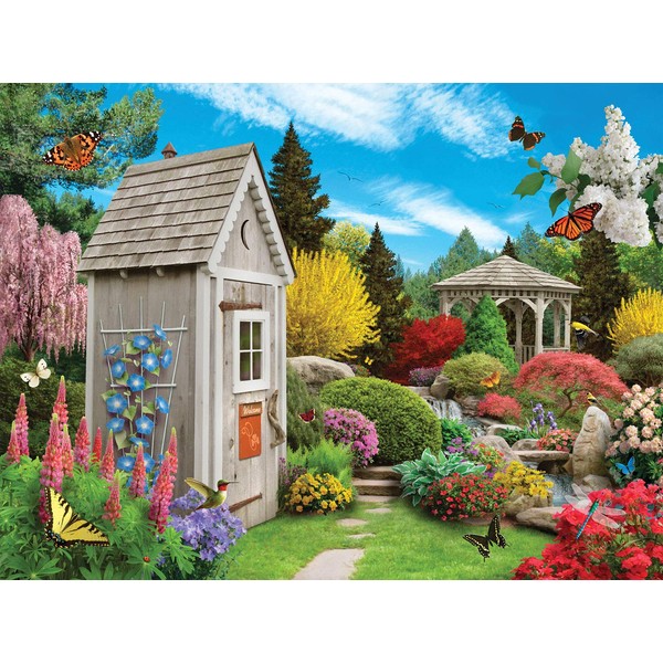 Bits and Pieces - 300 Piece Jigsaw Puzzle for Adults 18" x 24"  - Out in The Garden - 300 pc Garden Shed Outdoor Gazebo Flower Spring Butterfly Jigsaw by Artist Alan Giana