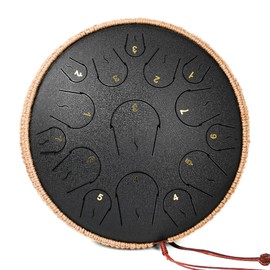 Steel Tongue Drum - 14 Inch 15 Note Tongue Drum - Hand Pan Drum with Music Book, Handpan Mallets and Carry Bag, C Major, Black