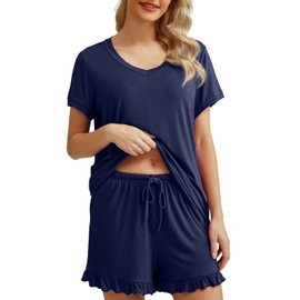 PrinStory Womens Pajamas Set Lounge Sets Short Sleeve Sleepwear Soft Pjs Shorts Set With Pockets Summer Pjs For Women Sets UK Size 18-20 (Navy Blue, XL)