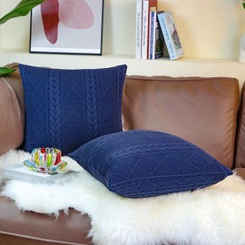 Uhomy 24x24 Inch Navy Blue Decorative Throw Pillow Cover Super Soft Pillow Case, Home Decor Artistic Embossed Modern Embossed Patterned for Living Room Couch Bed Sofa, Stretchy Pillow Cover, Set of 2