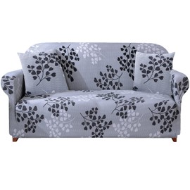 HEYOMART Sofa Cover High Stretch Elastic Fabric 1 2 3 Seater Sofa Slipcover Chair Loveseat Couch Cover Polyester Spandex Furniture Protector Cover with 1 Pillowcase (2 Seater, Grey Leaves)