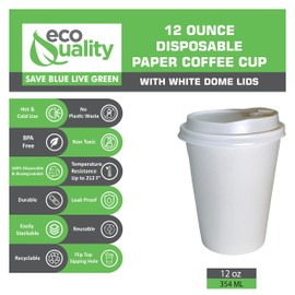 EcoQuality 12 oz White Hot Drink Paper Cups with White Dome Lids - 150 Count - Disposable Paper Coffee Cups perfect for Tea, Latte's, Coffee Shops, Restaurant Grade