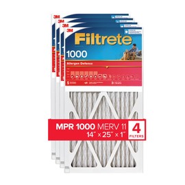 Filtrete 14x25x1 AC Furnace Air Filter, MERV 11, MPR 1000, Micro Allergen Defense, 3-Month Pleated 1-Inch Electrostatic Air Cleaning Filter, 4 Pack (Actual Size 13.81 x 24.81 x 0.81 in)
