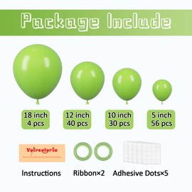 Voircoloria 130pcs Lime Green Balloons Different Sizes 18" 12" 10" 5" Light Green Balloons for Birthday Dinosaur Baby Shower St. Patrick's Day Summer Jungle Forest Safari Party Decorations