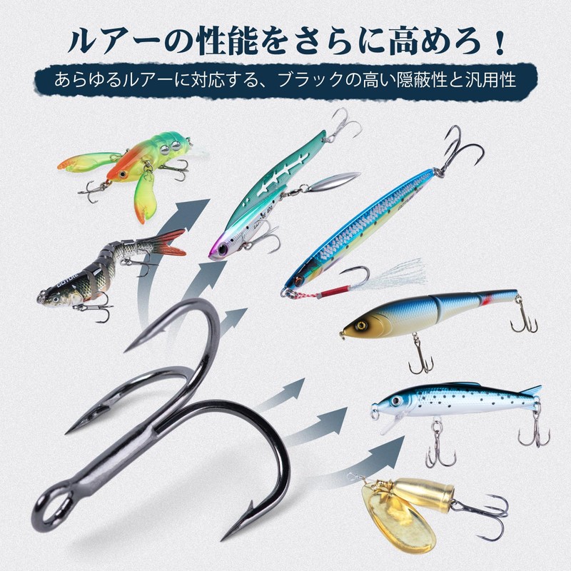Goture Triple Hook Set, Treble Hooks, Split Ring, Economical, Black,