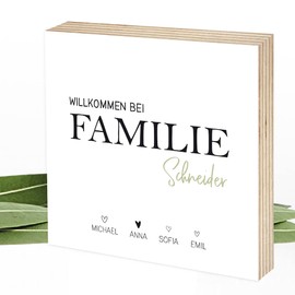 Wunderpixel® Holzbild Willkommen bei Familie Name - personalisiert - 15x15x2cm zum Hinstellen/Aufhängen, echter Fotodruck auf Holz - Wand-Bild Aufsteller Zuhause Dekoration Geschenk-Idee