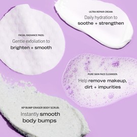 First Aid Beauty - Hydrated Glow Kit: KP Bump Eraser Body Scrub, 4 oz, Facial Radiance Pads, 28 Pads, Pure Skin Face Cleanser, 2 oz, & Ultra Repair Cream, 6oz, Hydration and Exfoliation Treatment, 4ct