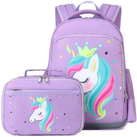 Octsky Unicorn Backpack for Girls, Kids Preschool Backpacks Cute Lightweight With Chest Strap and Lunchbox (Unicorn-Purple)