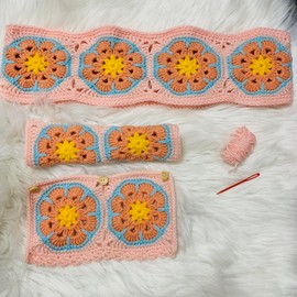 OnEternal Handmade Crochet Steering Wheel Cover Sakura Pink Galsang Flower Seat Belt Cover, Car Interior Accessories Decorations. (Steering Wheel Cover + 2 Seat Belt Cover)