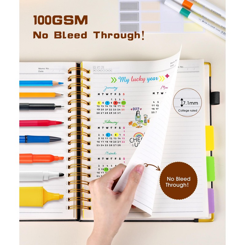 Hardcover Spiral Notebook journal with Removable Dividers Tabs, 300 Pages