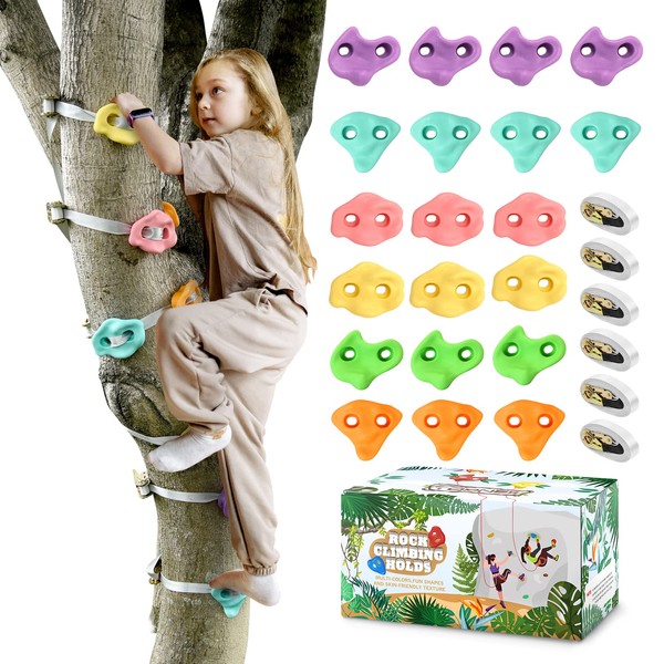 TOPNEW 20 Ninja Tree Climbing Holds for Kids Climber, Adult Climbing Rocks with 6 Ratchet Straps for Outdoor Ninja Warrior Obstacle Course Training, Soft Color