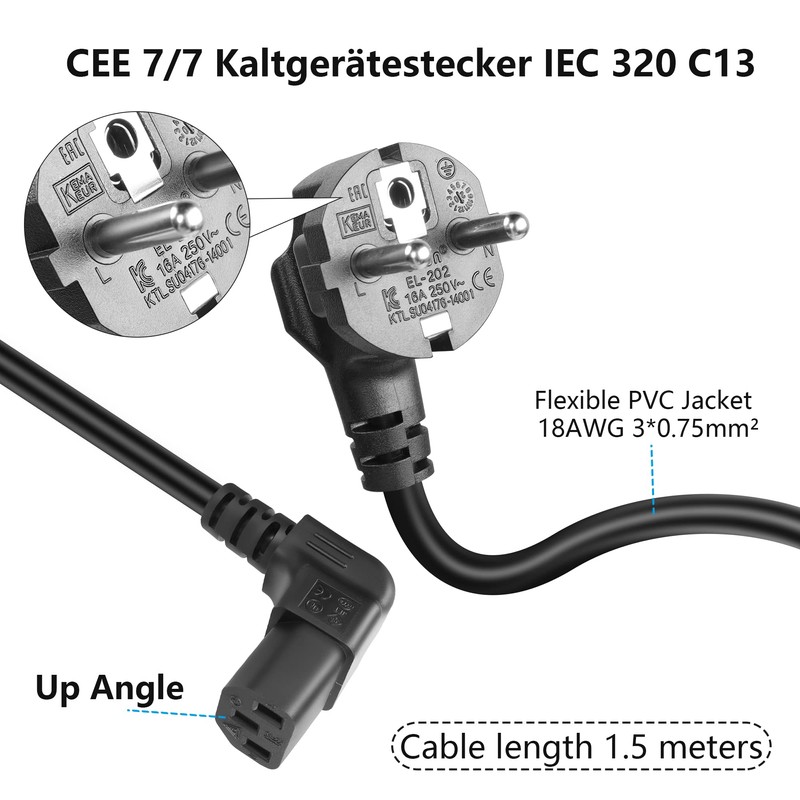 GELRHONR 1.5 m 3 Pin IEC Cable, 90 Degree CEE