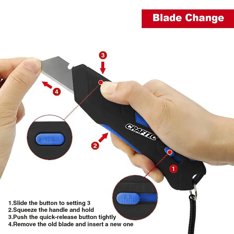 Craftec Retractable Utility Knife Box Cutter with Holster & Lanyard