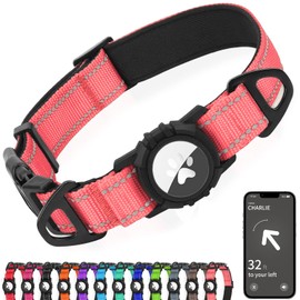 Joytale Airtag Dog Collar, Reflective Pet Collar with Waterproof AirTag Holder, Dual D-Rings, Soft Padded Adjustable for Large Dogs, Neon Pink, L
