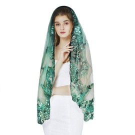 TINAYAUE Women's Lace Veil Bridal Veil with Sequins Wedding Veil Delicate Pattern Bridal Soft Veil with Insert Comb Scarf Tulle Catholic Mass Mantilla Veil for Wedding, Church, Green