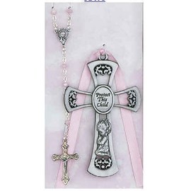 Beautiful Girl's Baptism Guardian Angel Crib Medallion Cross with Pink Robbon and Rosary