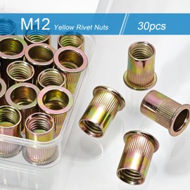 30PCS M12 Rivet Nuts Carbon Steel Zinc Plated Metric Rivets Nutsert Flat Head Rivnut Threaded Inserts Nut (Yellow, M12)