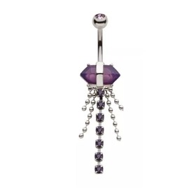 Pierced Owl 14GA 316L Stainless Steel Amethyst Crystal with Dangling Gems and Beads Belly Button Ring (Silver Tone)