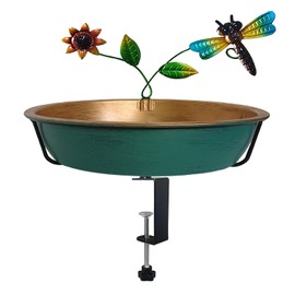 Keygift Deck Bird Bath for Outdoors, 13 Inch Large Green/Bronze Metal Birdbath Bowl with Adjustable Big Steel Clamp Backyard Birdbath Bird Feeder for Railing Balcony Fence Yard Art Garden Decor