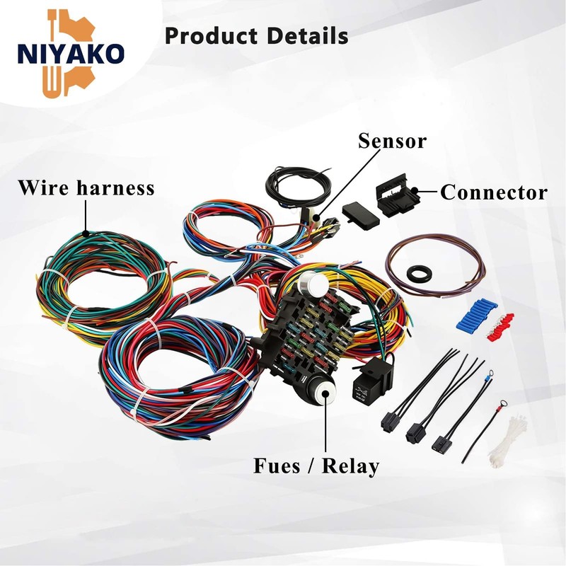 Niyako Universal 21 Circuit Wiring Harness Kit, Extra Long Wire
