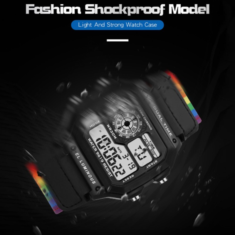Digital Chronograph Watch Luminous Waterproof Multi Function Retro Style Square