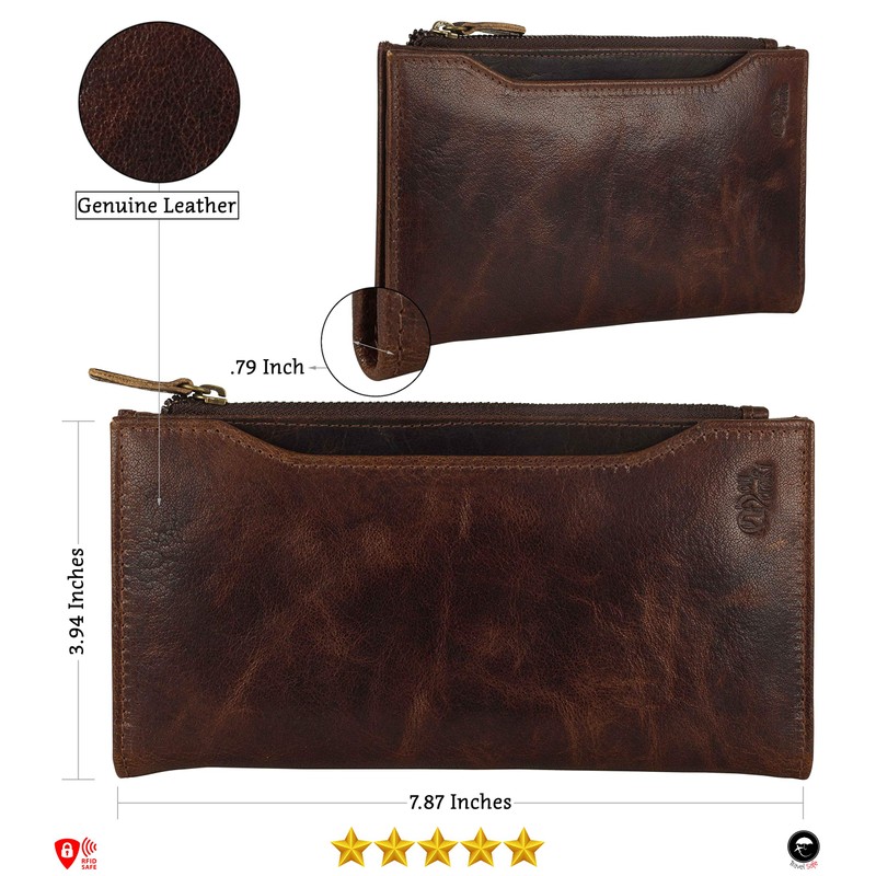Genuine Leather RFID Blocking Long Wallet – Vintage Bifold for