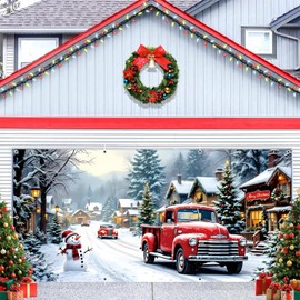 Eleouto Christmas Garage Door Cover Decorations 7x16ft Winter Truck Snowman Village Snow Backdrop Large Merry Xmas Banner Mural Background Holiday Outdoor Decor